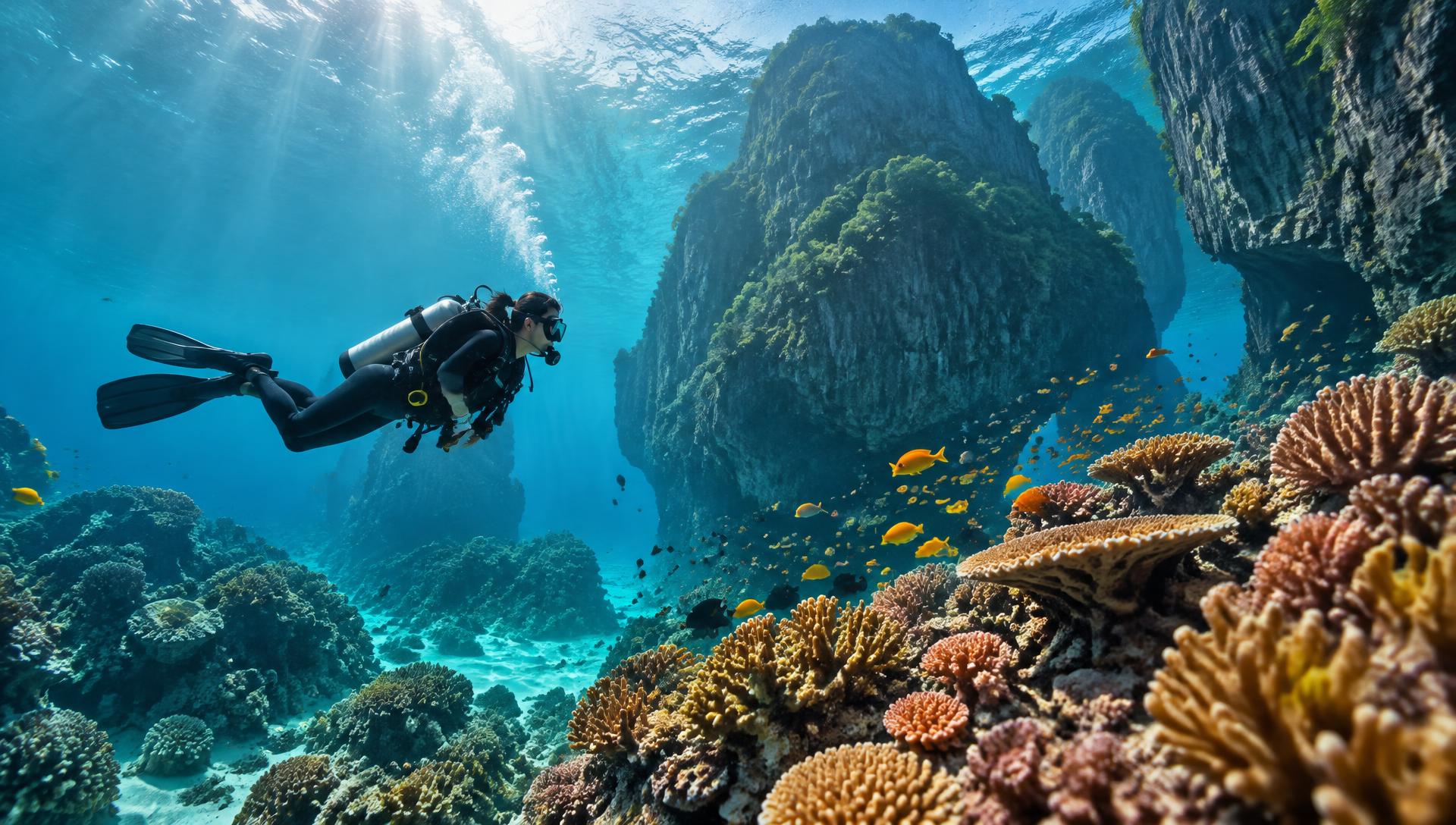 Diver over a coral reef in El Nido